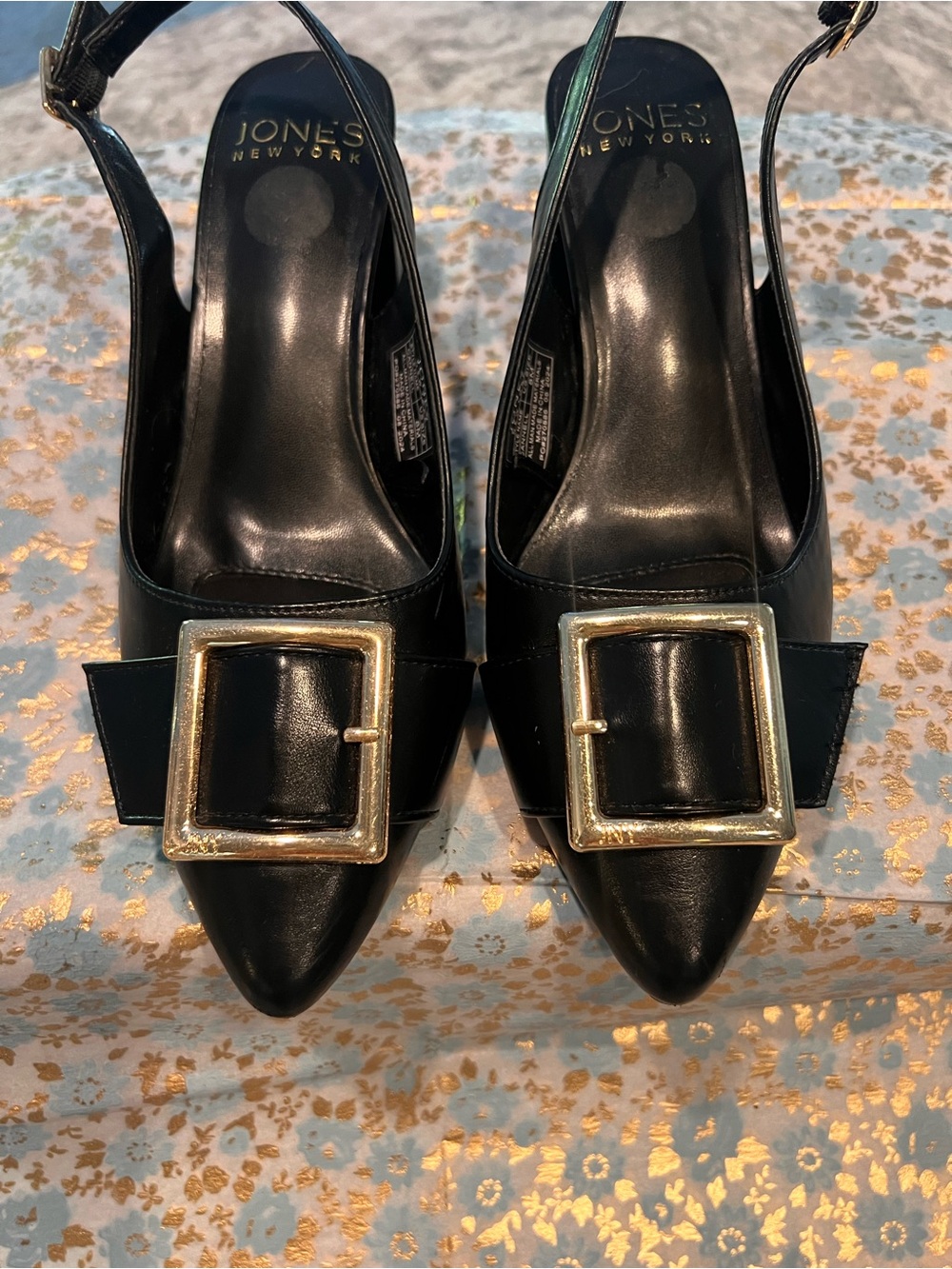Jones New York Black Pointed Slingbacks with Gold Buckles